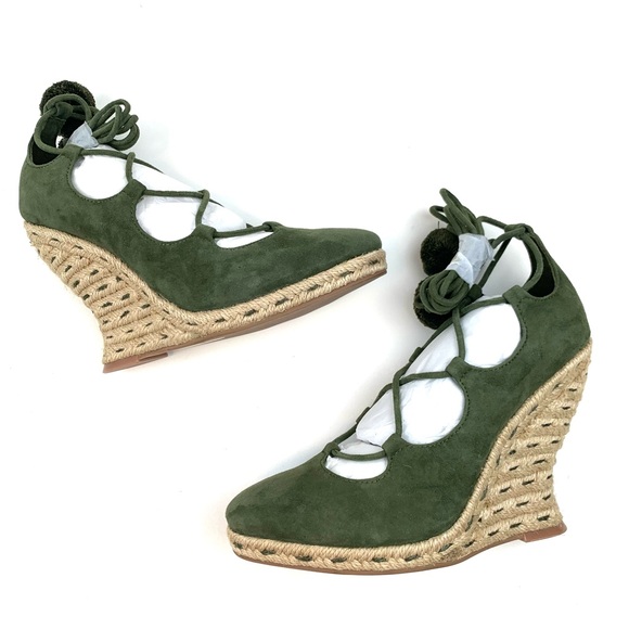 Tory Burch Heather Wedge Espadrille Green Suede Leather Lace Up Heel Size 6 - Picture 6 of 6